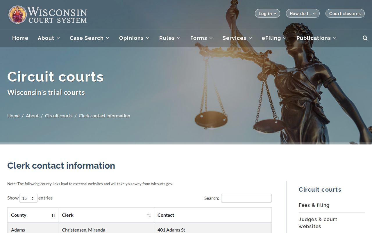 Wisconsin court calendar contact route in the statewide Clerk of Circuit Court directory