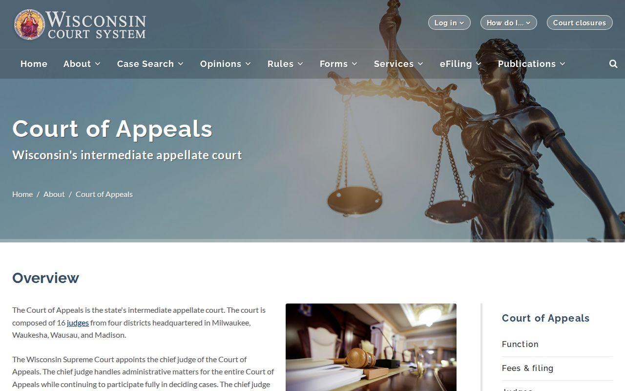 Wisconsin court docket system appellate structure with 16 judges and four districts