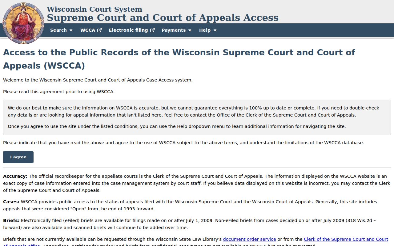 Wisconsin appellate case search form on the WSCCA public access site